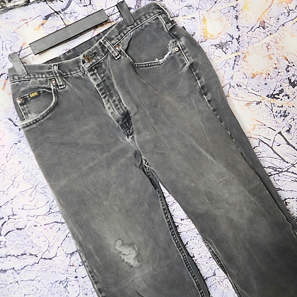 DISTRESSED BLACK JEANS 34x32 Lee Wide Bootcut 90s Y2K Goth Grunge Festival